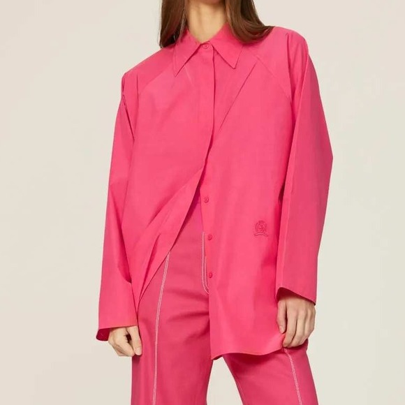 TOMMY HILFIGER Explorer Shirt Oversized Silk Button Shirt Size 0 Womens Hot Pink - Picture 1 of 11